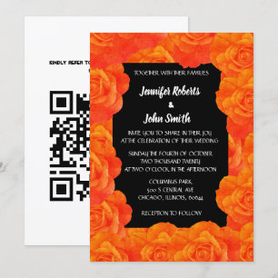 Orange Black Floral QR Code Rose Flowers Wedding Invitation