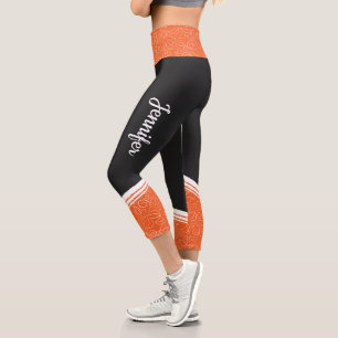 Orange & black floral white stripe and name modern capri leggings