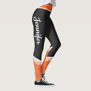 Orange & black floral white stripe and name modern leggings