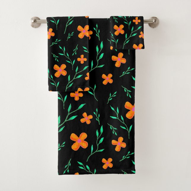 Orange Black Flower Watercolor Pattern Bath Towel Set (Insitu)
