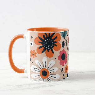 Orange Black Flowers Pattern Beige Background Mug