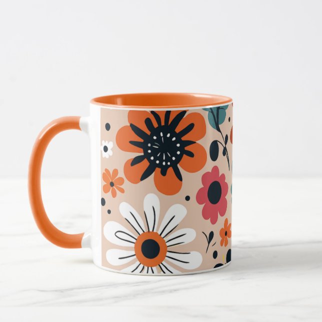 Orange Black Flowers Pattern Beige Background Mug (Left)