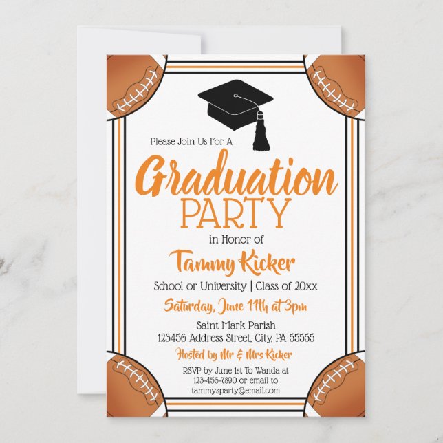 Orange & Black Football Graduation Party Invitation (Front)