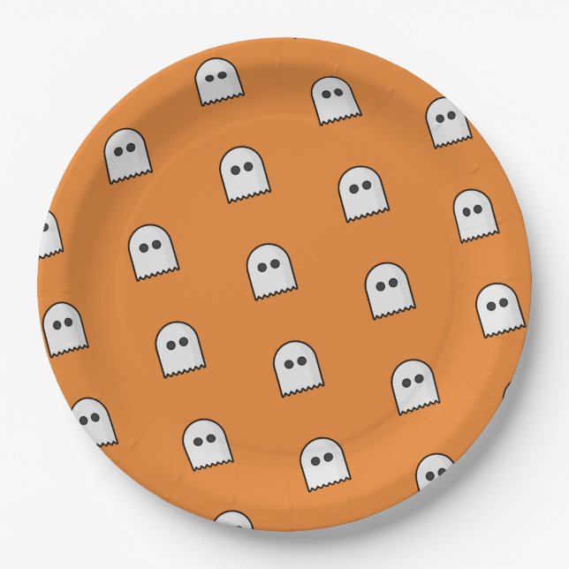 Orange Black Ghost Pattern Halloween Party Paper Plate (Front)