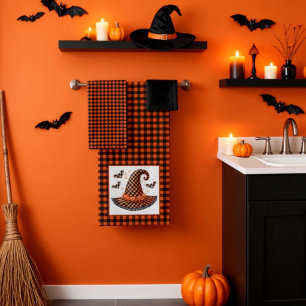 Orange & Black Gingham Halloween Witch Hat & Bats Bath Towel Set