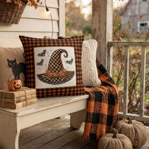 Orange & Black Gingham Halloween Witch Hat & Bats Cushion