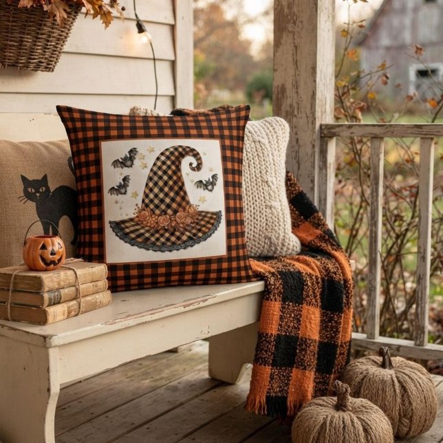 Orange & Black Gingham Halloween Witch Hat & Bats Cushion (Creator Uploaded)