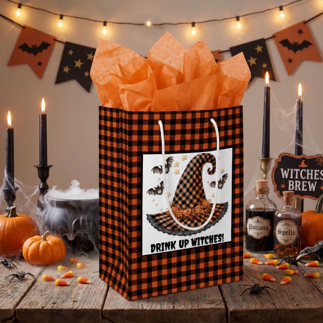 Orange & Black Gingham Halloween Witch Hat & Bats Medium Gift Bag (Creator Uploaded)