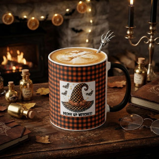 Orange & Black Gingham Halloween Witch Hat & Bats Mug