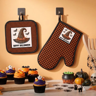Orange & Black Gingham Halloween Witch Hat & Bats Oven Mitt & Pot Holder Set