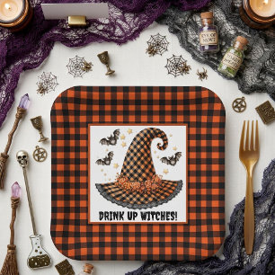 Orange & Black Gingham Halloween Witch Hat & Bats Paper Plate