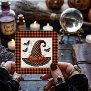 Orange & Black Gingham Halloween Witch Hat & Bats Square Sticker