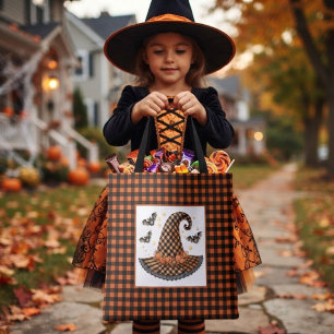 Orange & Black Gingham Halloween Witch Hat & Bats Tote Bag