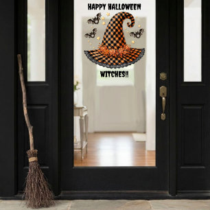 Orange & Black Gingham Halloween Witch Hat & Bats Window Cling