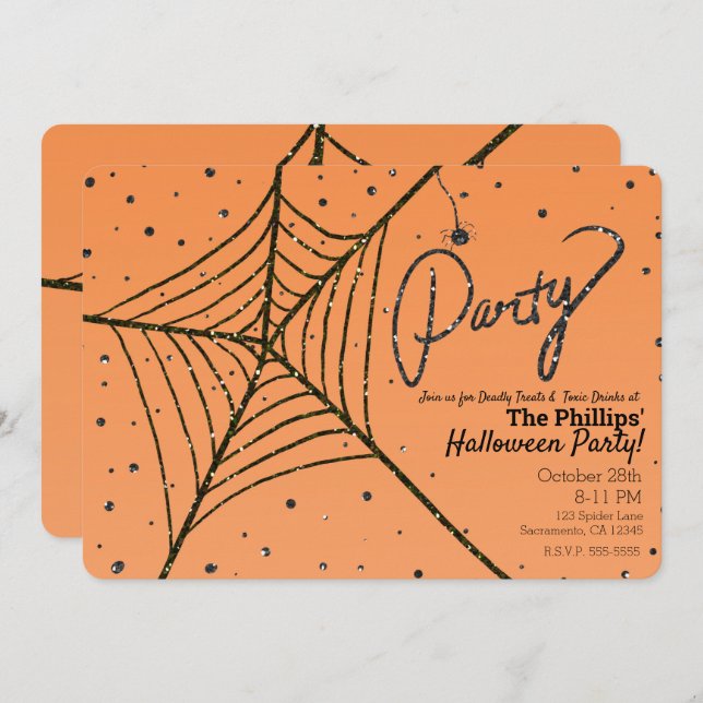 Orange & Black Glitter Spider Web Halloween Party Invitation (Front/Back)
