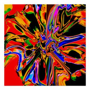 Orange, Black, Gold, Blue Psychedelic Flower Poster