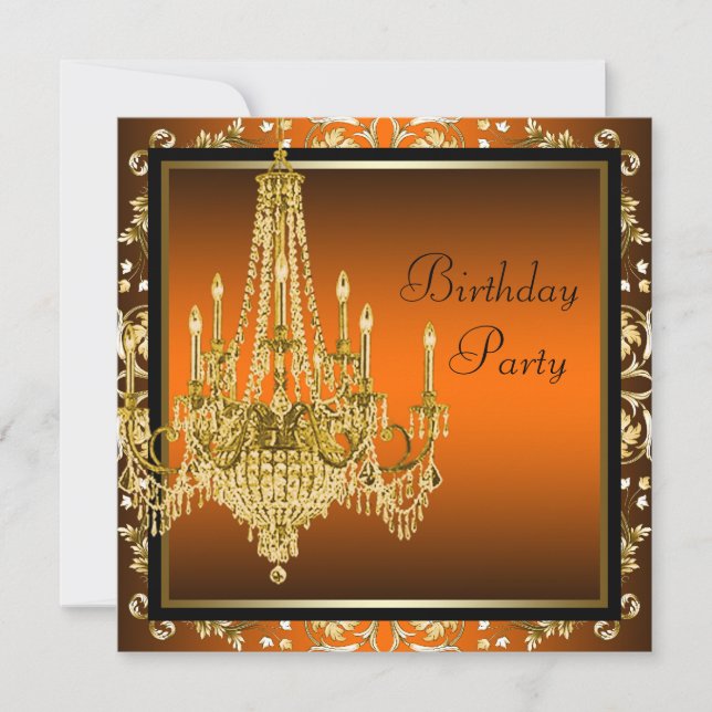 Orange Black Gold Damask Chandelier Birthday Party Invitation (Front)