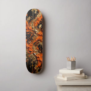 Orange Black Gold Fire Abstract Art Skateboard