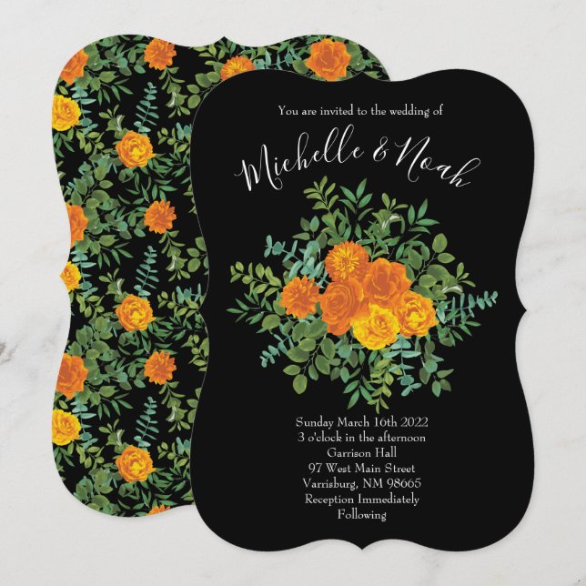 Orange & Black Gothic Peony & Rose Floral Wedding Invitation (Front/Back)