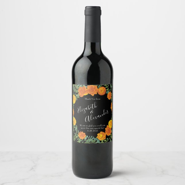 Orange & Black Gothic Peony & Rose Floral Wedding Wine Label (Front)