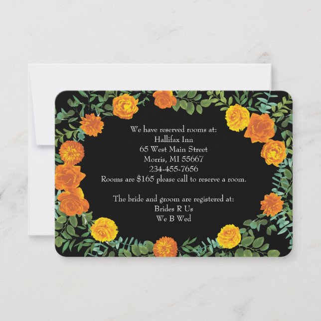 Orange & Black Gothic Peony Rose Information Invitation (Front)