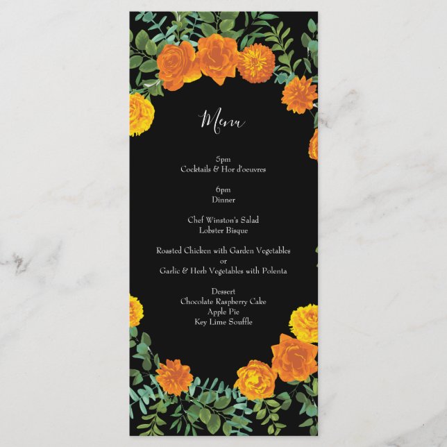 Orange & Black Gothic Peony & Rose Wedding Menu (Front)