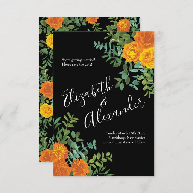 Orange Black Gothic Peony Rose Wedding Save Date Invitation (Front/Back)