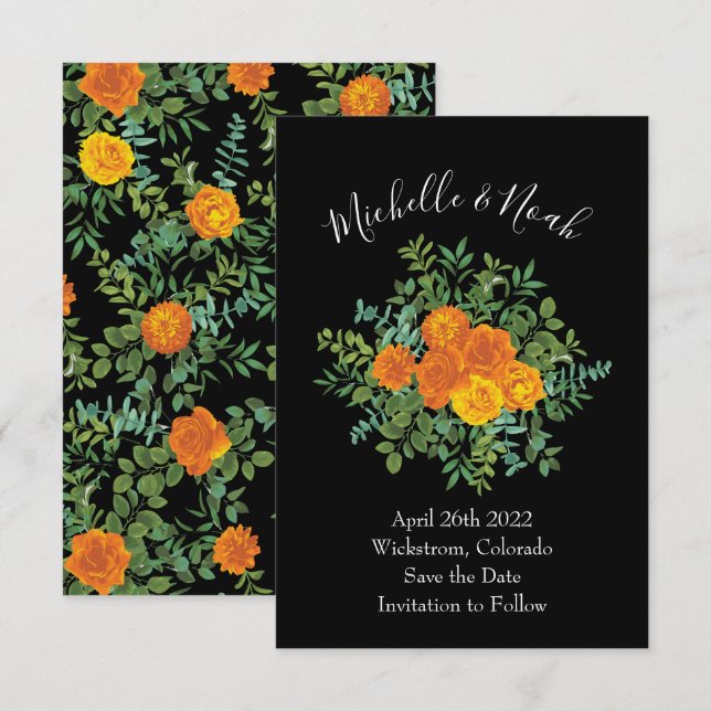 Orange & Black Gothic Peony Rose Wedding Save Date Invitation (Front/Back)