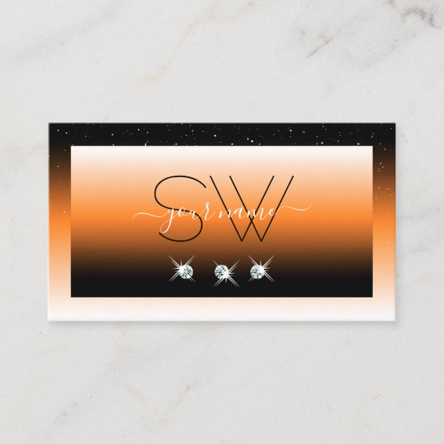 Orange Black Gradient Sparkling Diamonds Initials  Business Card (Front)