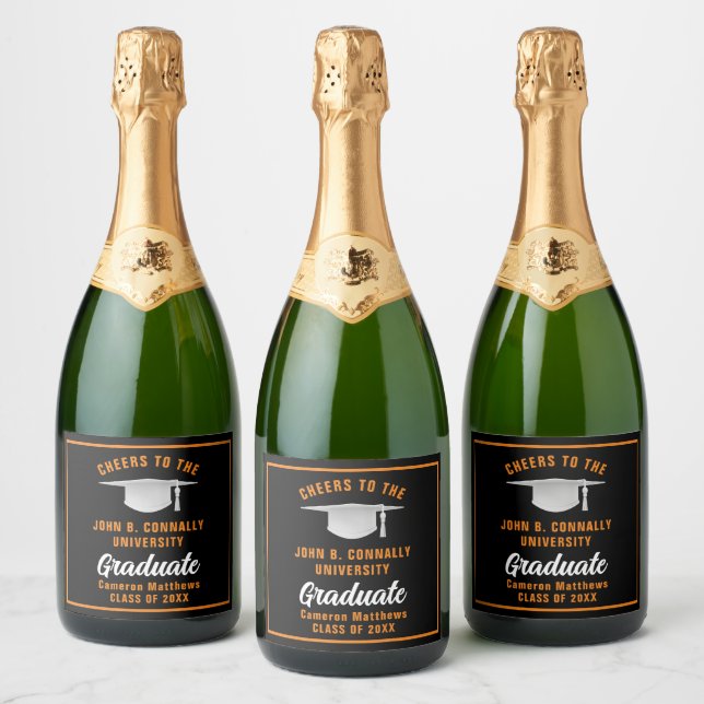 Orange Black Graduate Custom Graduation Party Sparkling Wine Label (Bottles)