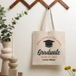 Orange Black Graduate Personalised 2023 Graduation Tote Bag<br><div class="desc">These modern orange and black custom senior graduate tote bag features your high school or college name for the class of 2023. Customise with your graduating year under the chic handwritten script and white grad cap for a great personalised graduation party favour gift.</div>
