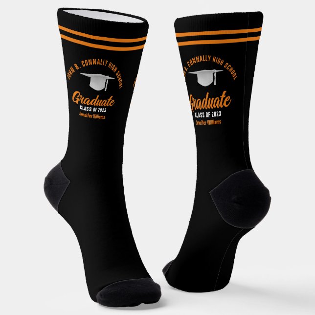 Orange Black Graduate Personalised Graduation Socks (Angled)
