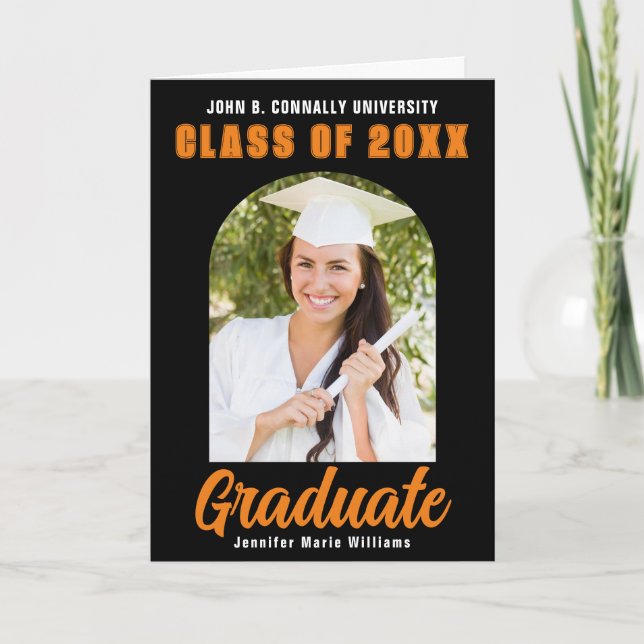 Orange Black Graduate Photo Folded Graduation Announcement (Front)