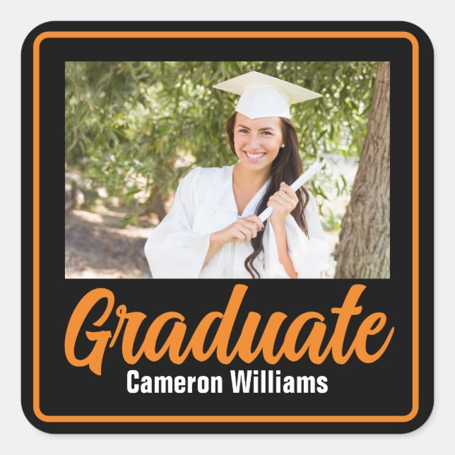 Orange Black Graduate Photo Graduation Party Square Sticker (Front)