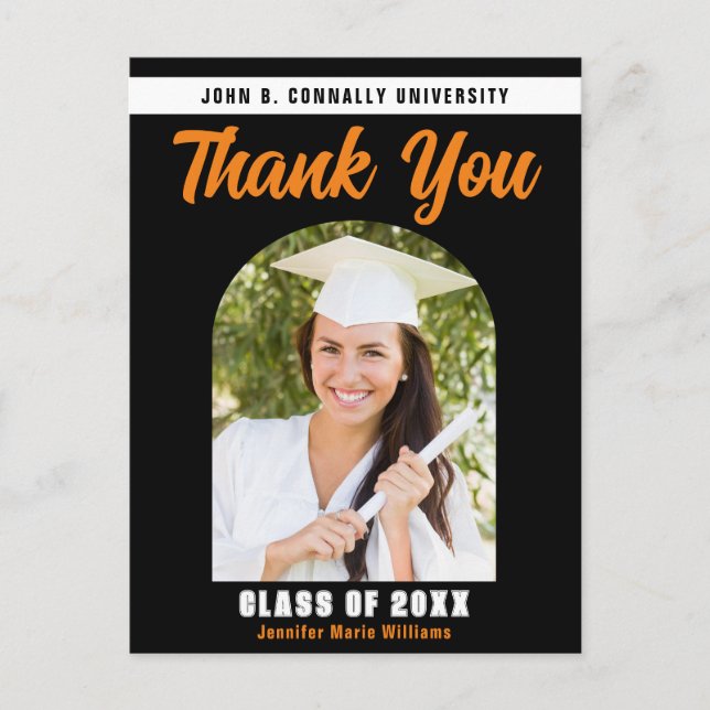 Orange Black Graduate Photo Graduation Thank You Postcard (Front)