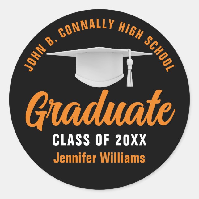 Orange Black Graduation Personalised 2025 Graduate Classic Round Sticker (Front)