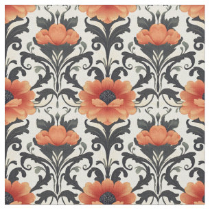 Orange / Black / Grey Floral Art Nouveau Fabric
