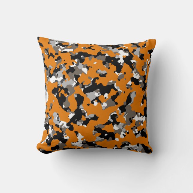 Orange Black Grey Tan Camouflage Camo Print Cushion (Front)