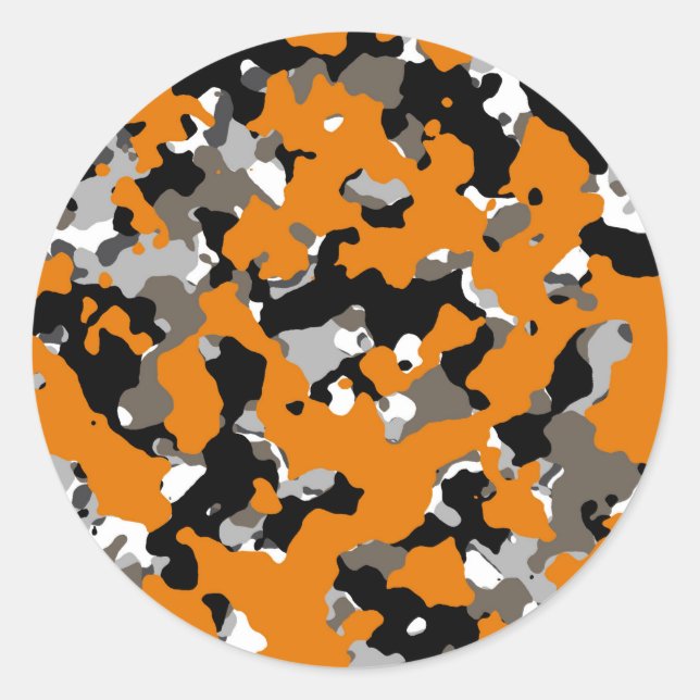 Orange Black Grey Tan Camouflage Camo Print Party Classic Round Sticker (Front)