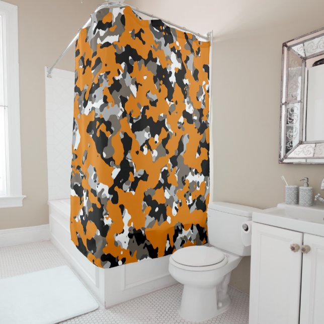 Orange Black Grey Tan Camouflage Camo Print Shower Curtain (In Situ)