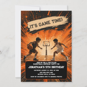 Orange Black Grunge Basketball Game Time Birthday Invitation