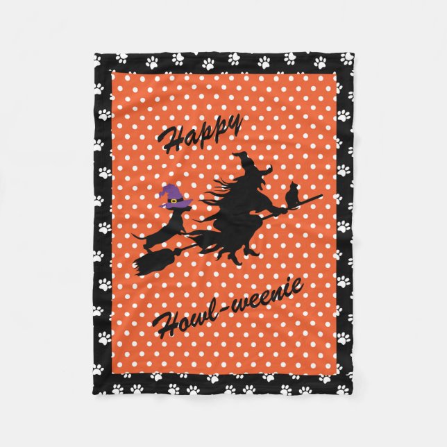 Orange & Black Halloween Dachshund Fleece Blanket (Front)