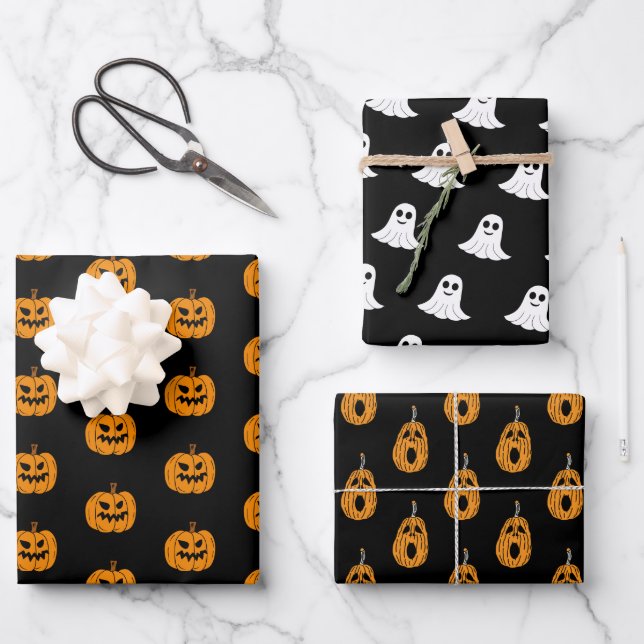 Orange Black Halloween Ghost and Jack o Lantern Wrapping Paper Sheet (Front)