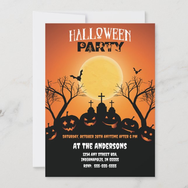 Orange Black Halloween Party Pumpkin Graveyard Invitation (Front)