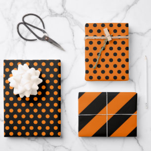 Orange Black Halloween Stripes and Polka Dots Gift Wrapping Paper Sheet