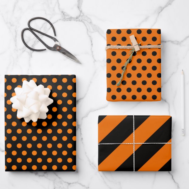 Orange Black Halloween Stripes and Polka Dots Gift Wrapping Paper Sheet (Front)