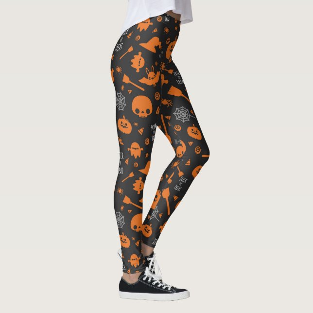 Orange Black Halloween Trick or Treat Icons Leggings (Right)
