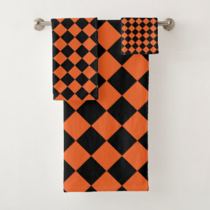Orange Black Harlequin Diamond Chequered Pattern Bath Towel Set