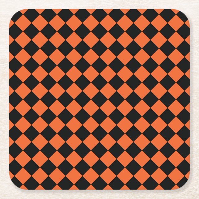 Orange Black Harlequin Diamond Chequered Pattern Square Paper Coaster (Front)