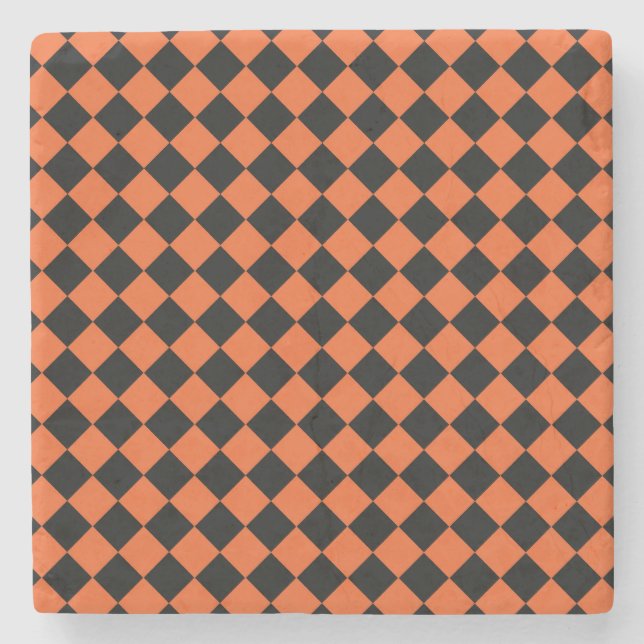 Orange Black Harlequin Diamond Chequered Pattern Stone Coaster (Front)